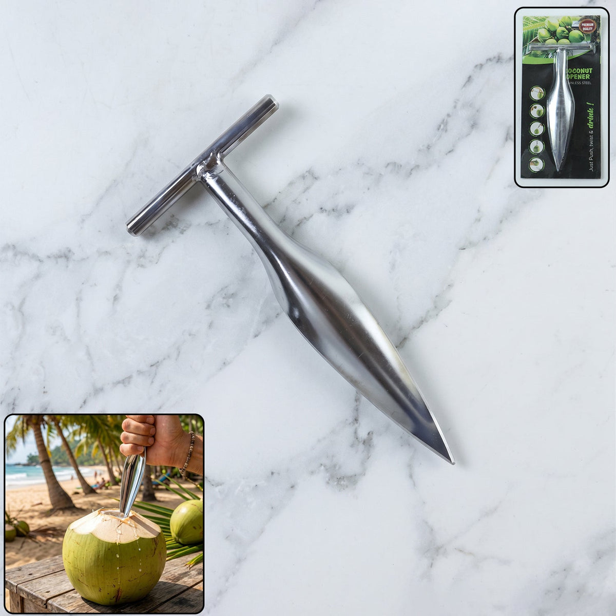 Stainless steel coconut breaker tool with ergonomic T-handle grip Main image