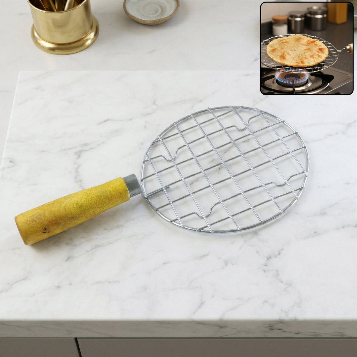 Papad Jali Roaster made of stainless steel with a wooden handle on a clean background. Main image