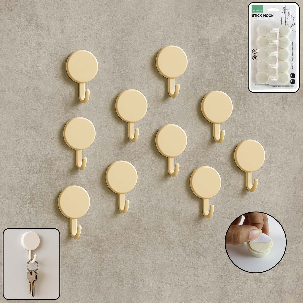 Set of 10 self adhesive round wall hooks arranged neatly for home organization Main image