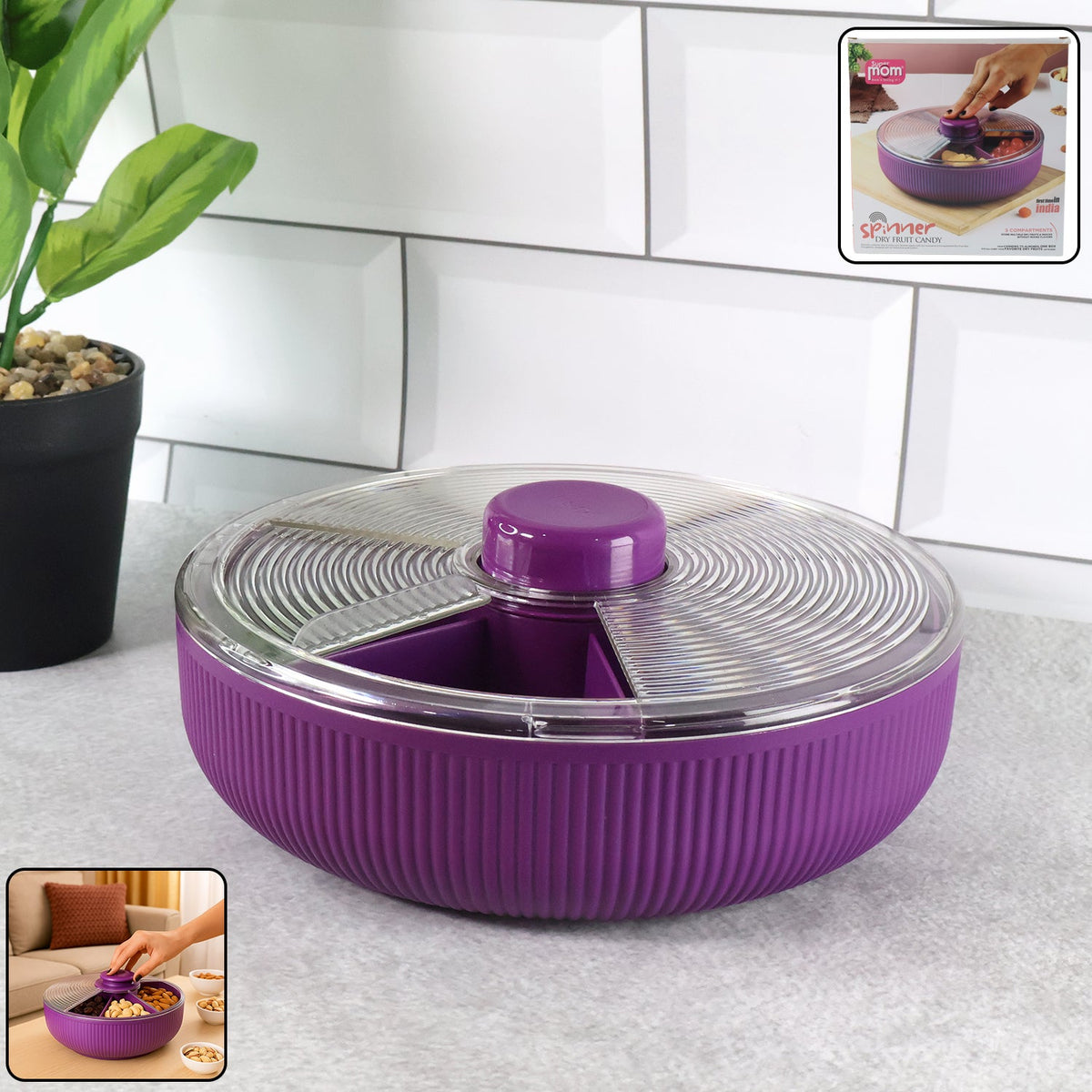 Purple rotating dry fruit storage container with multiple compartments and dust-proof lid Main image