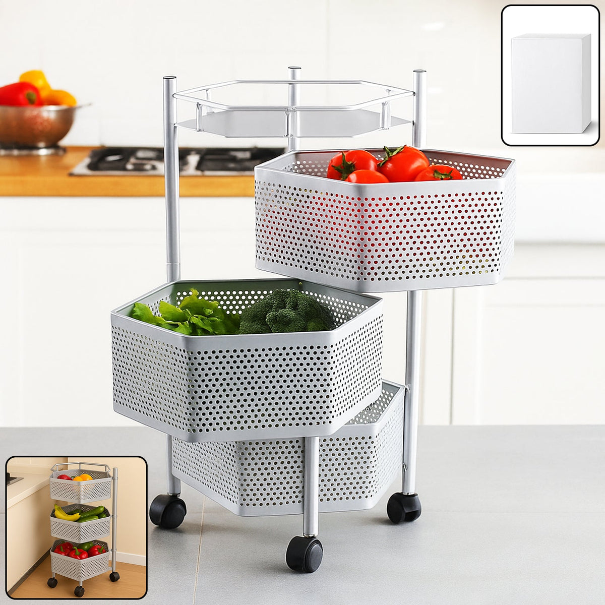 Premium kitchen storage trolley with 3-layer hexagon metal baskets and wheels Main image