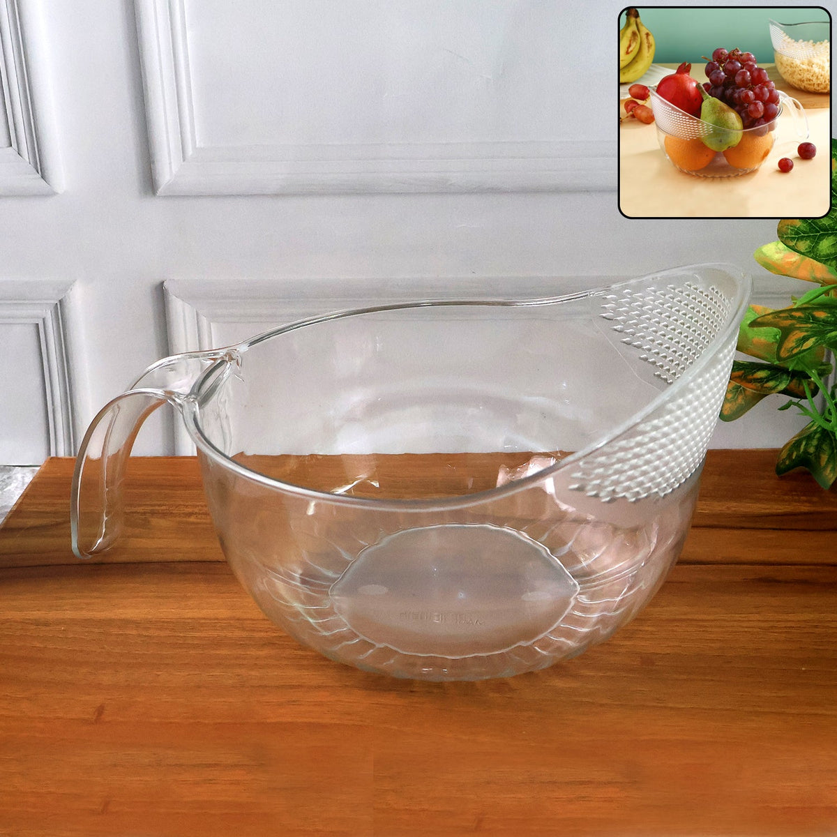 Large transparent plastic bowl with handle for kitchen use Main image