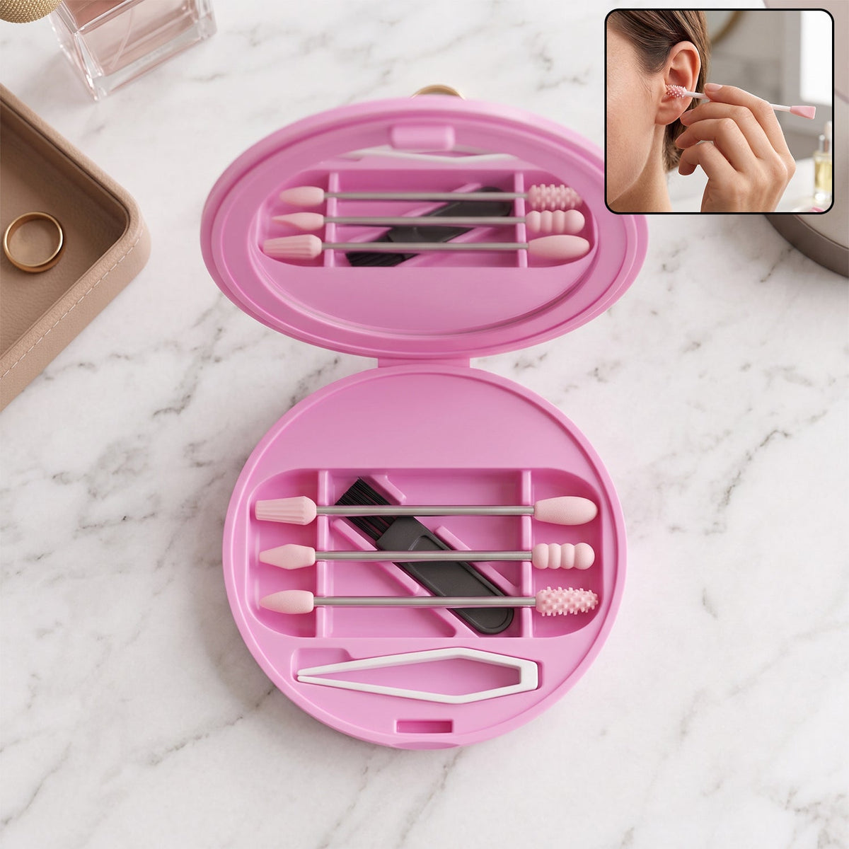 Reusable silicone cotton swab set with mirror case and washable ear buds (1 set) Main image