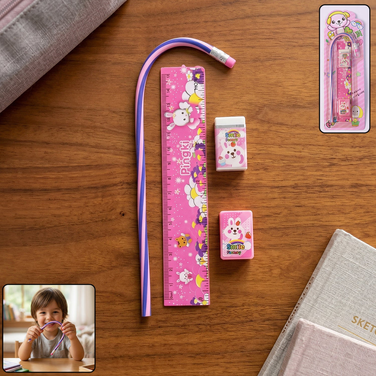 Pink kids stationery set with ruler, pencil, eraser, and sharpener for school. Main image