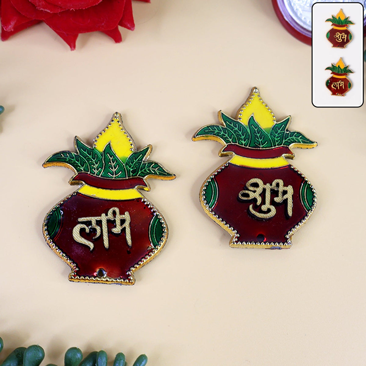 Shubh Labh Kalash shaped wall hanging with traditional golden glitter detailing Main image