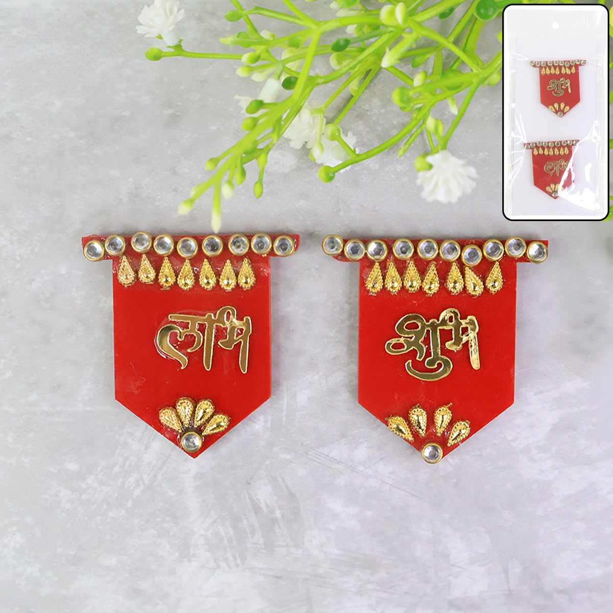 Set of Shubh Labh wall hangings with red and golden design and decorative stones Main image