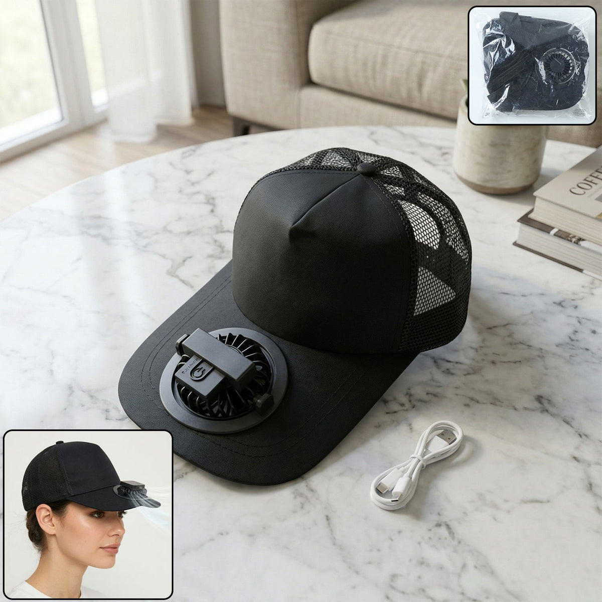 Cooling cap with built-in mini fan and breathable mesh for summer Main image
