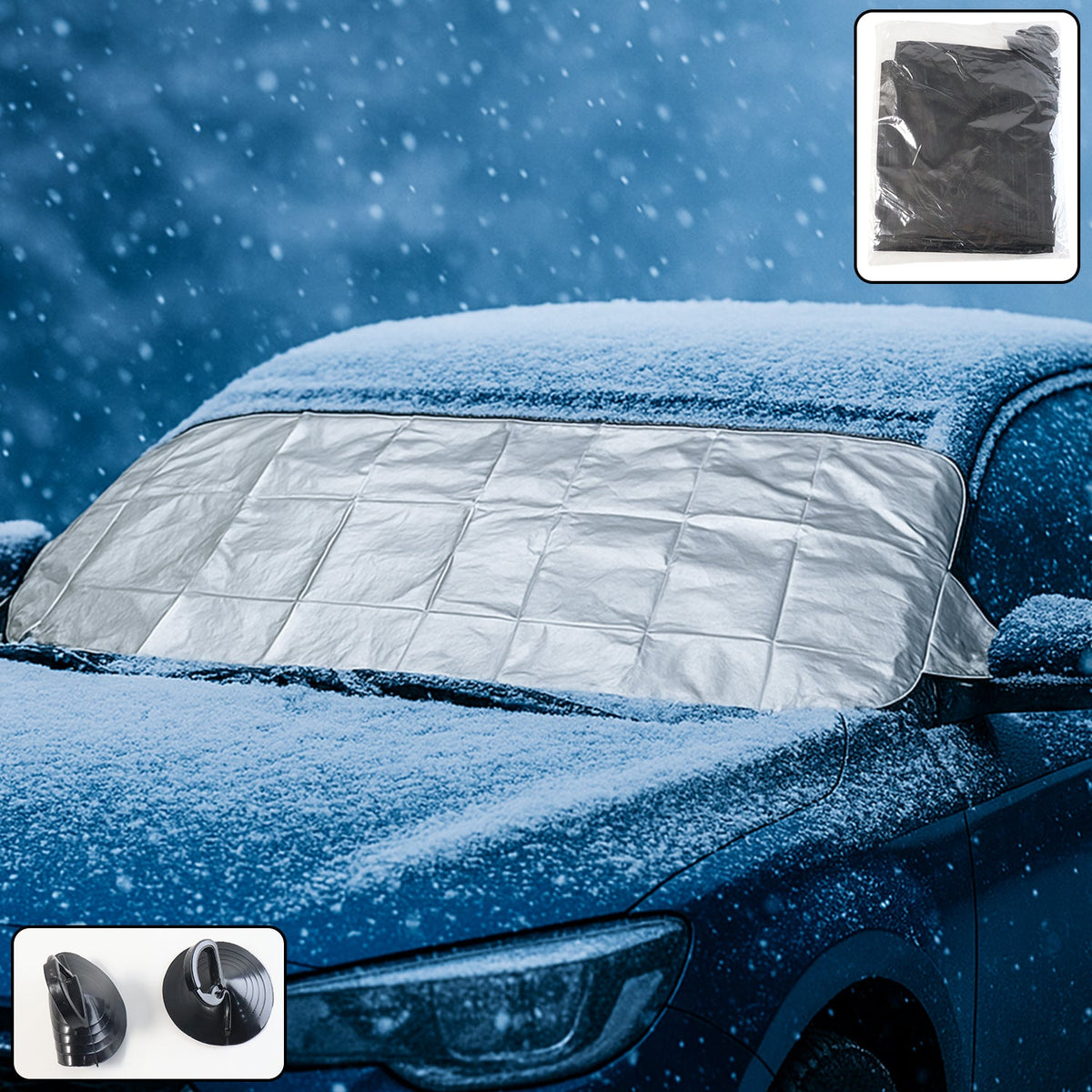 Universal car windshield snow and sun protection cover securely fitted on vehicle Main image