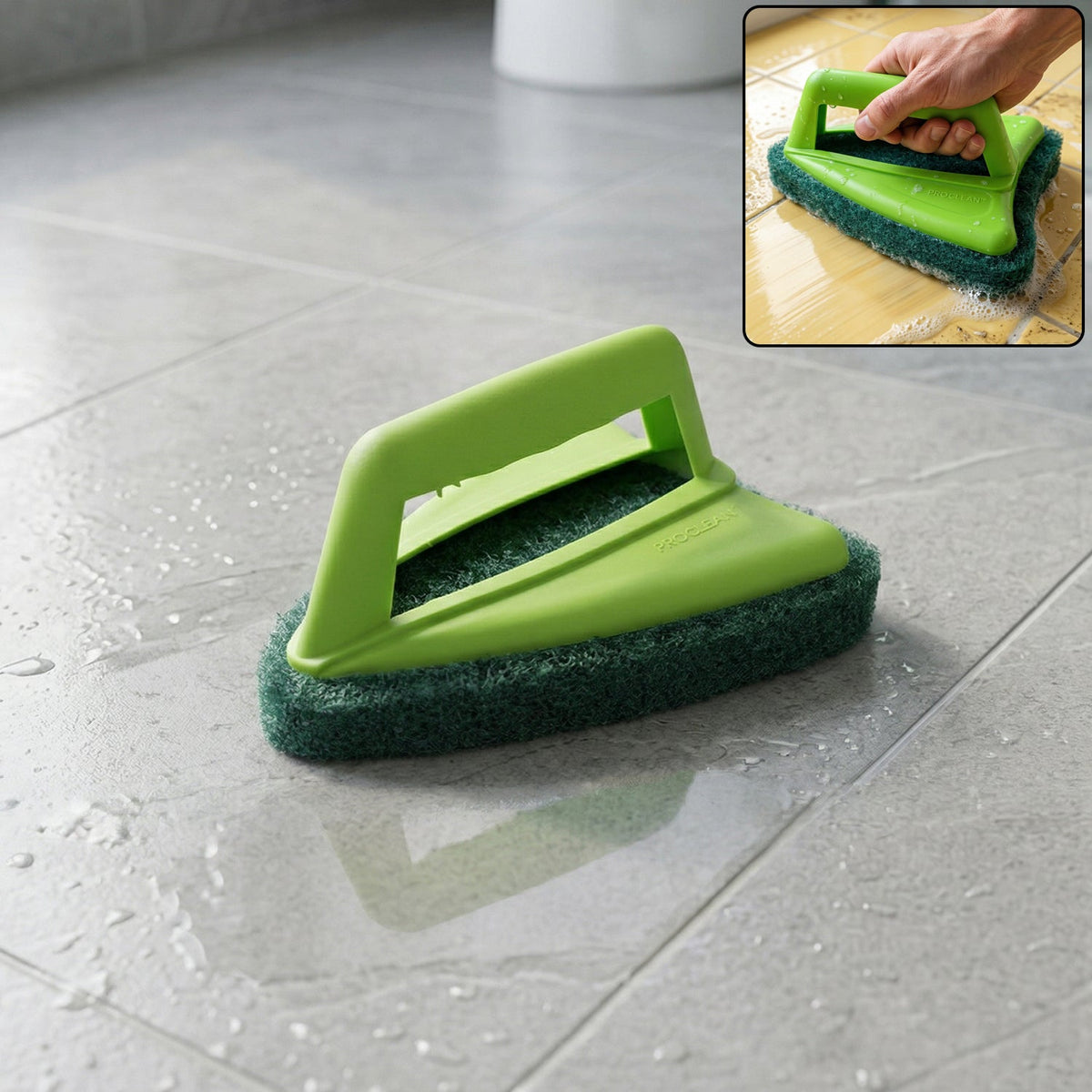 Front view of the Pro Clean Bathroom Tile Scrubber with abrasive head and handle. Main image