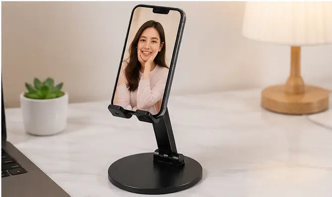 Adjustable Foldable Mobile Holder Stand – 360° Rotating Desktop Phone Stand with Non-Slip Silicone Grip