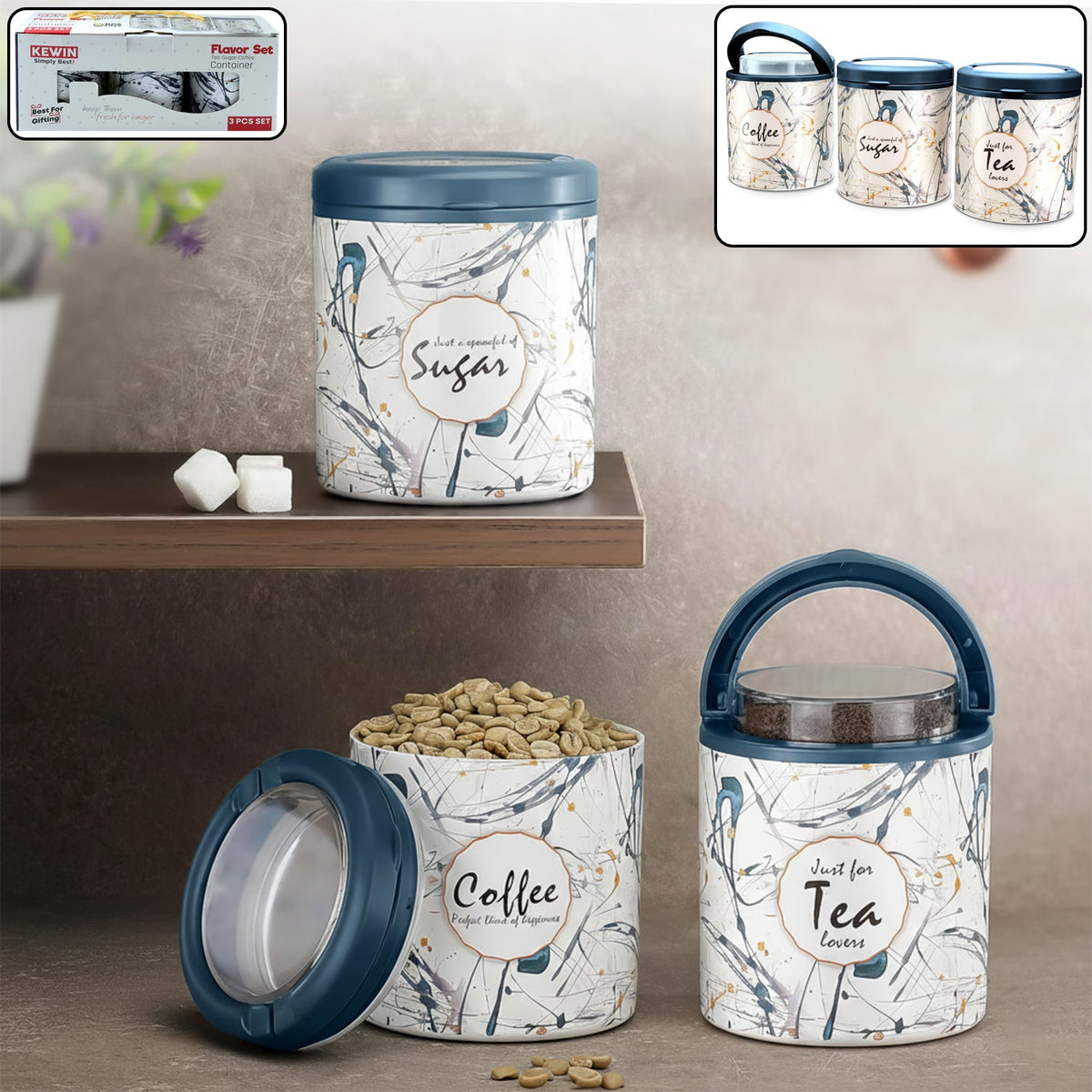 Plastic airtight storage canister set with flavor prints for tea, coffee, and sugar Main image
