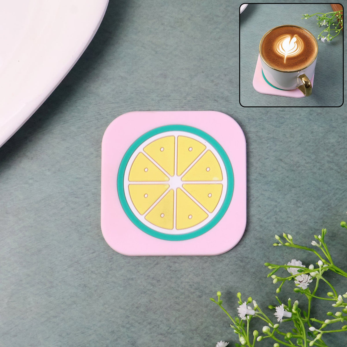 Heat-resistant silicone lemon drink coaster on wooden table Main image