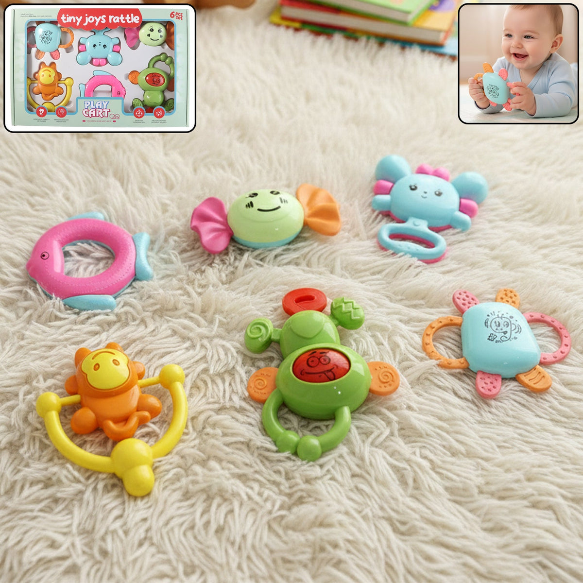 Colorful 6-in-1 baby rattle set designed for sensory development Main image