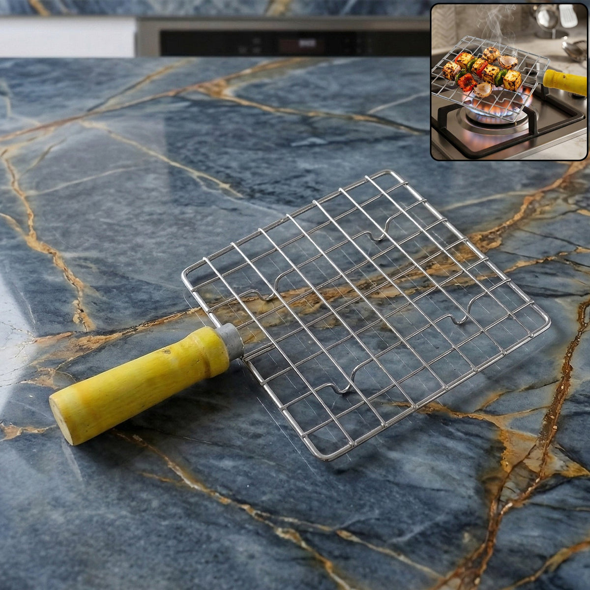 Stainless steel Roaster Jali with wooden handle, ready for kitchen use. Main image