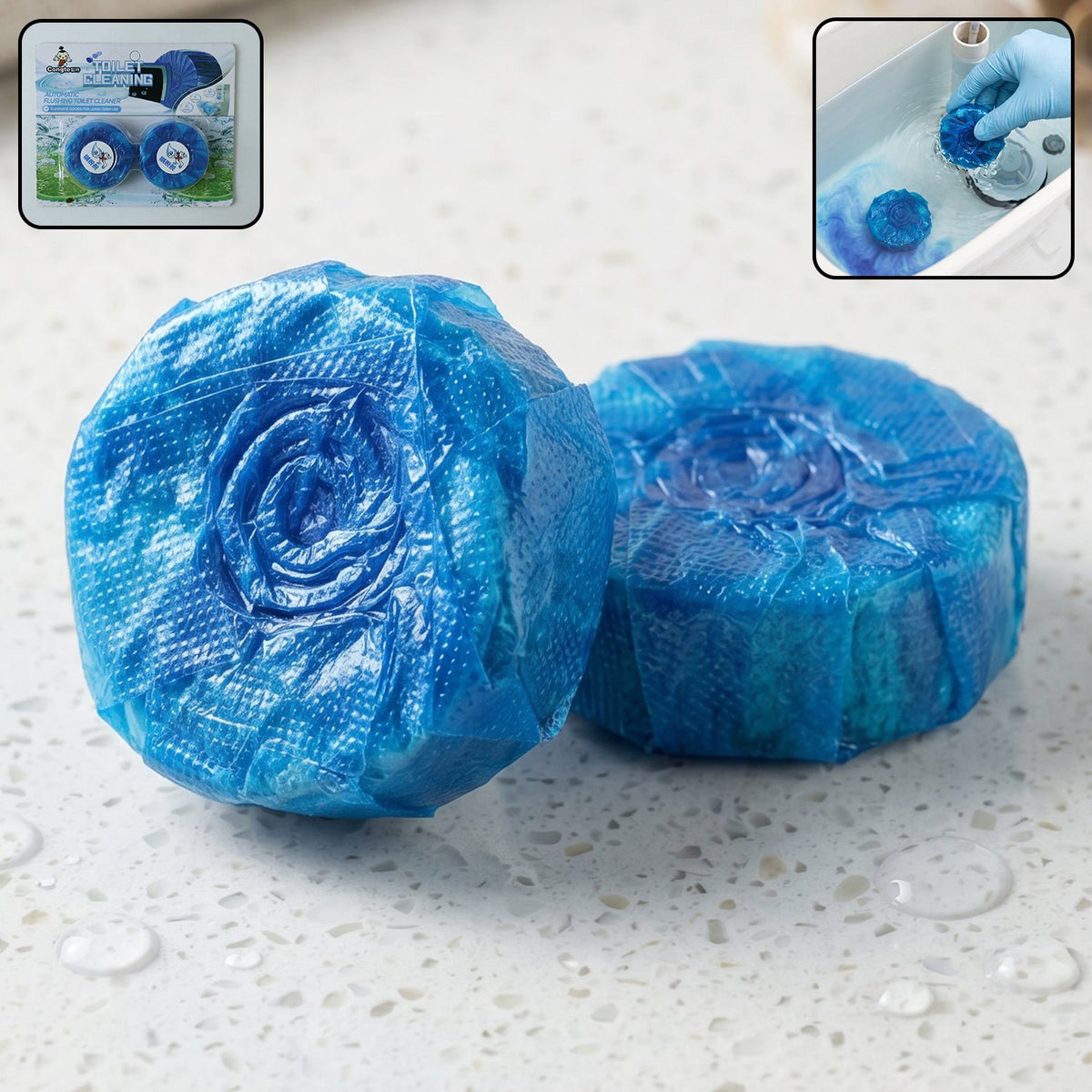 Blue flushing toilet cleaner tablet in bathroom setting Main image