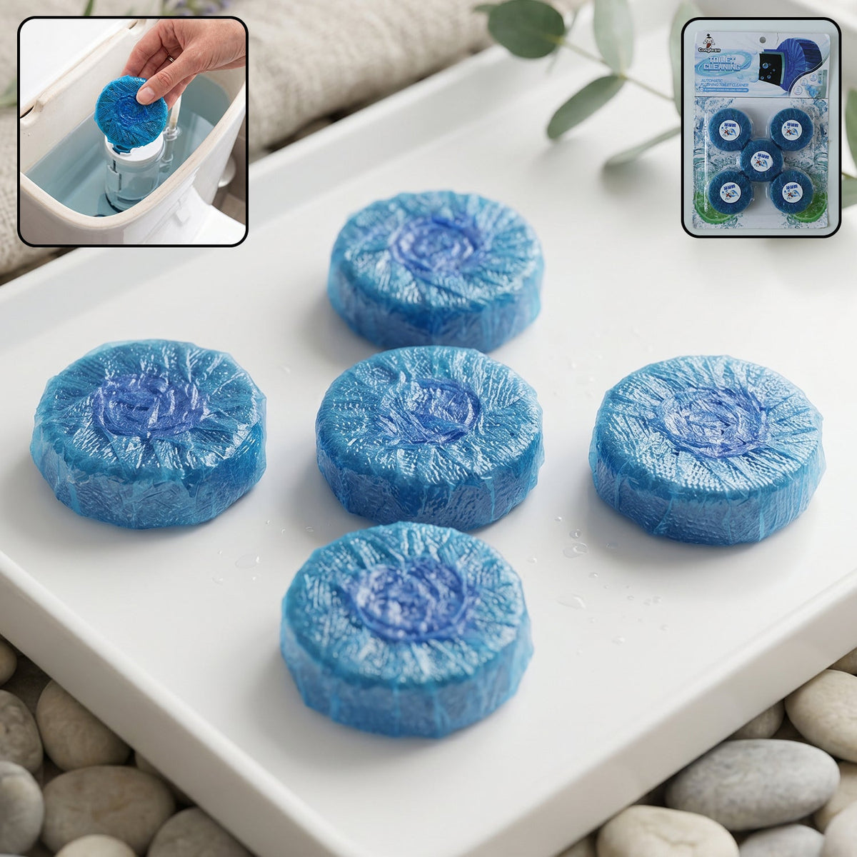 Blue flushing toilet cleaner tablet improving hygiene with each flush Main image