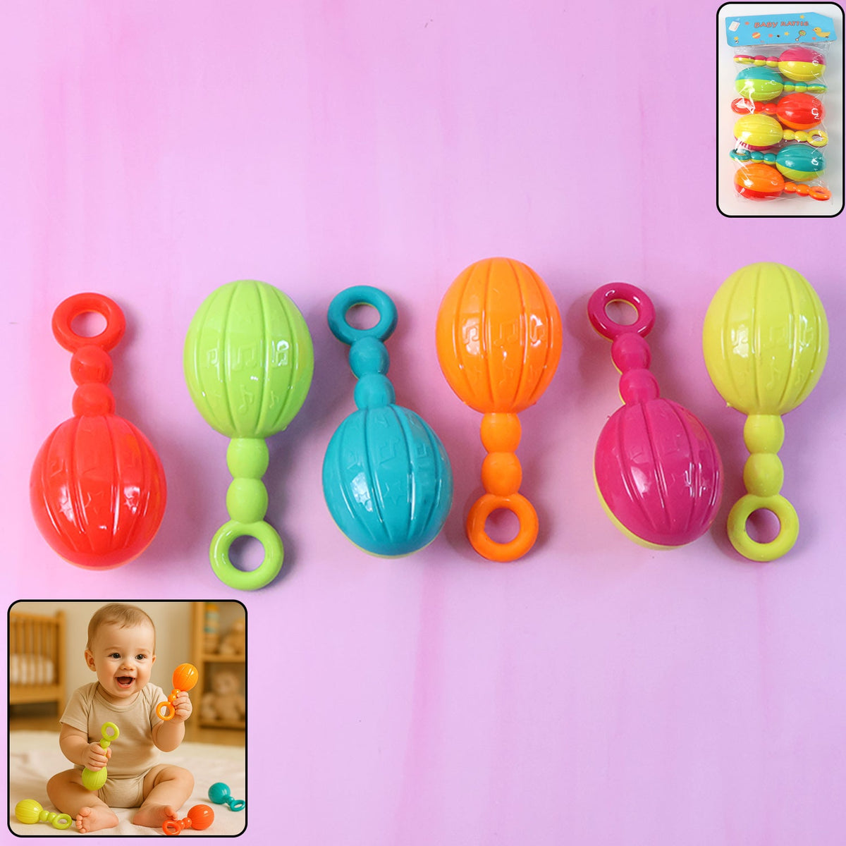 Colorful set of 6 baby hand rattles for sensory play Main image