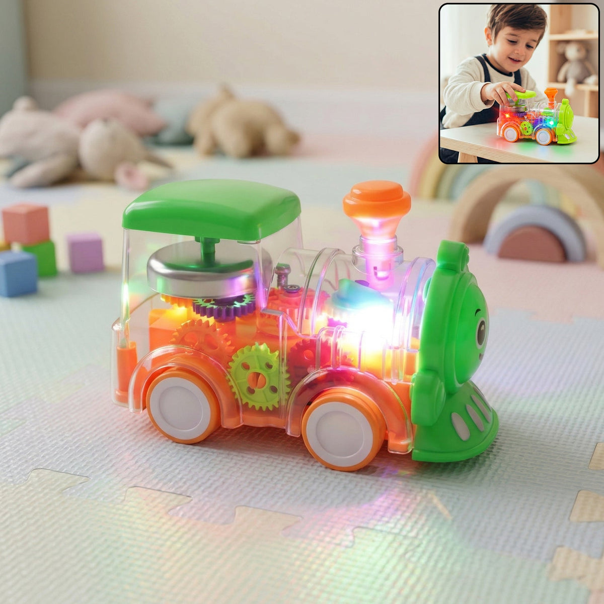 Kids transparent train toy with LED lights and moving wheels Main image