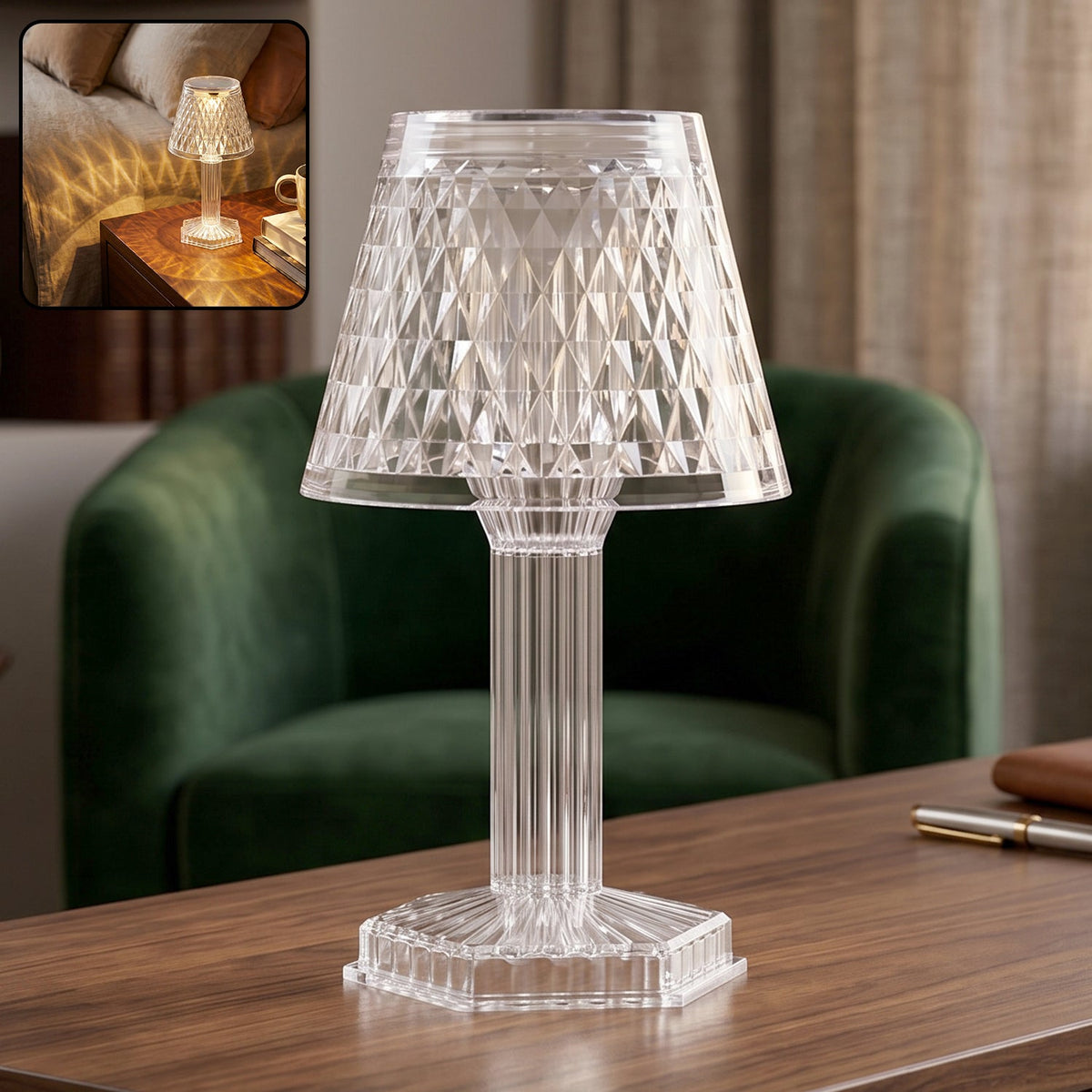 Glowing cup shape crystal table lamp illuminating a modern living space. Main image