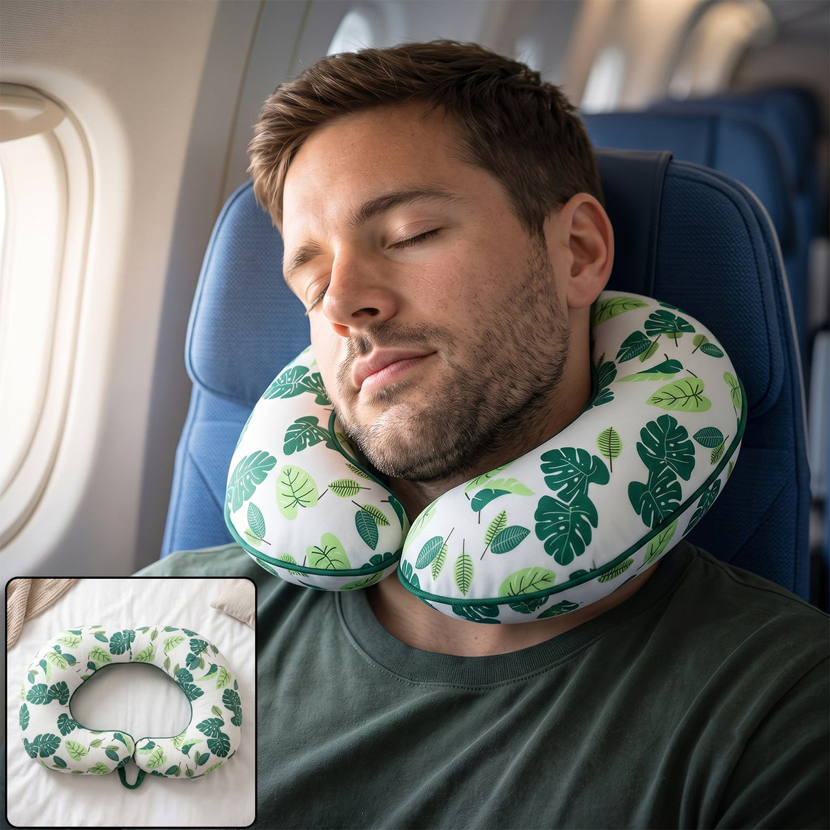 U shaped neck pillow green leaf Main image