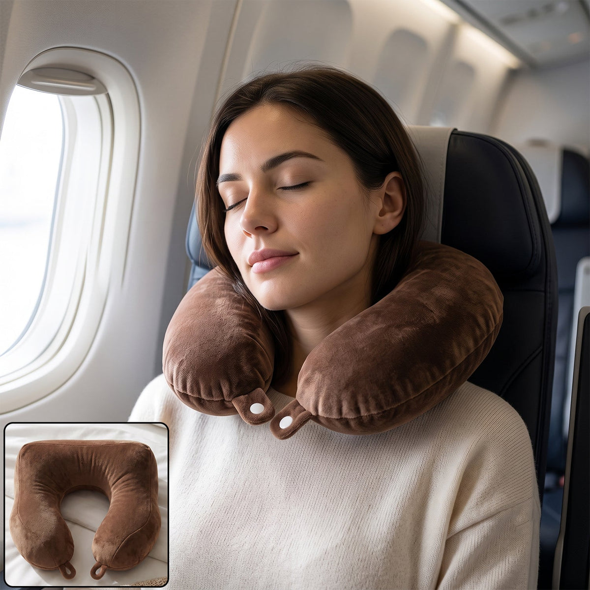 U shaped soft travel neck pillow, brown plush head and neck support (1 pc) Main image