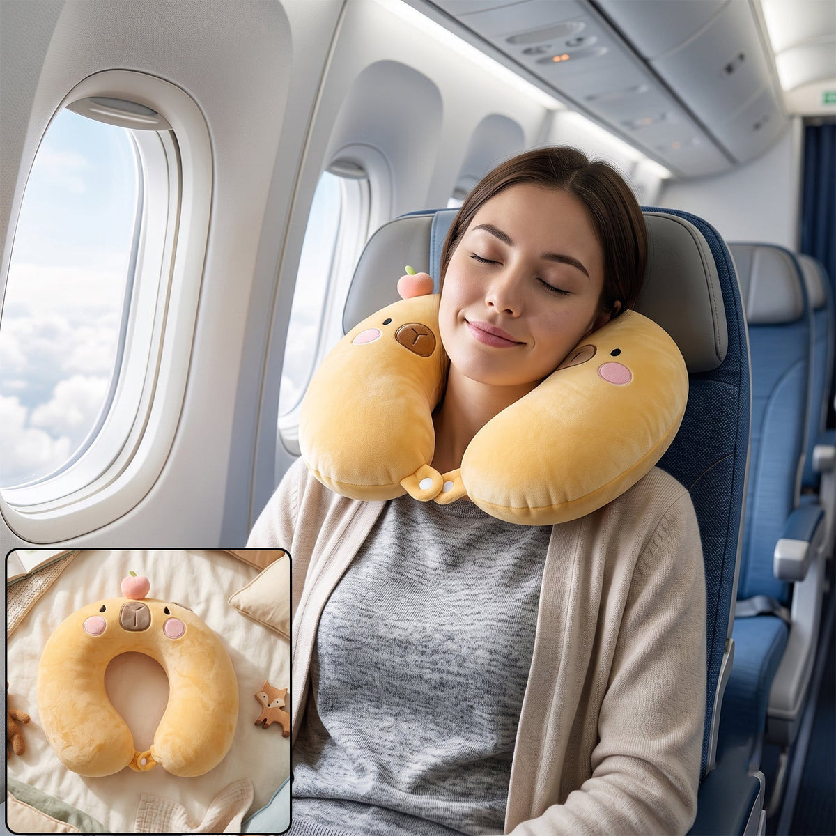 U shaped travel neck pillow, cute capybara soft plush pillow for kids (1 pc) Main image