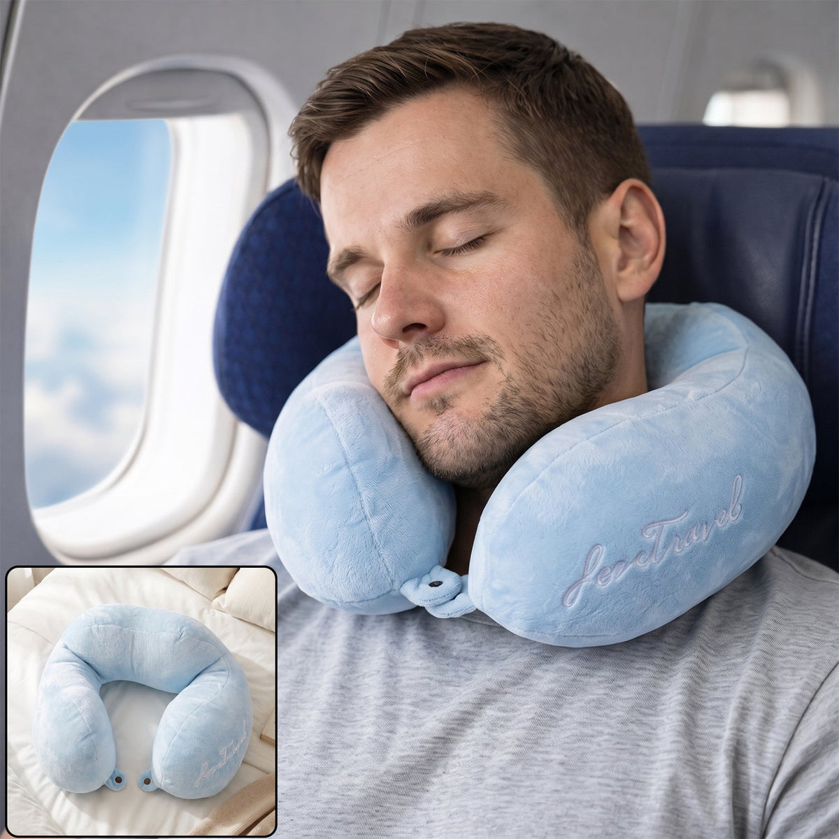 U shaped soft travel neck pillow, blue plush head and neck support cushion (1 pc) Main image