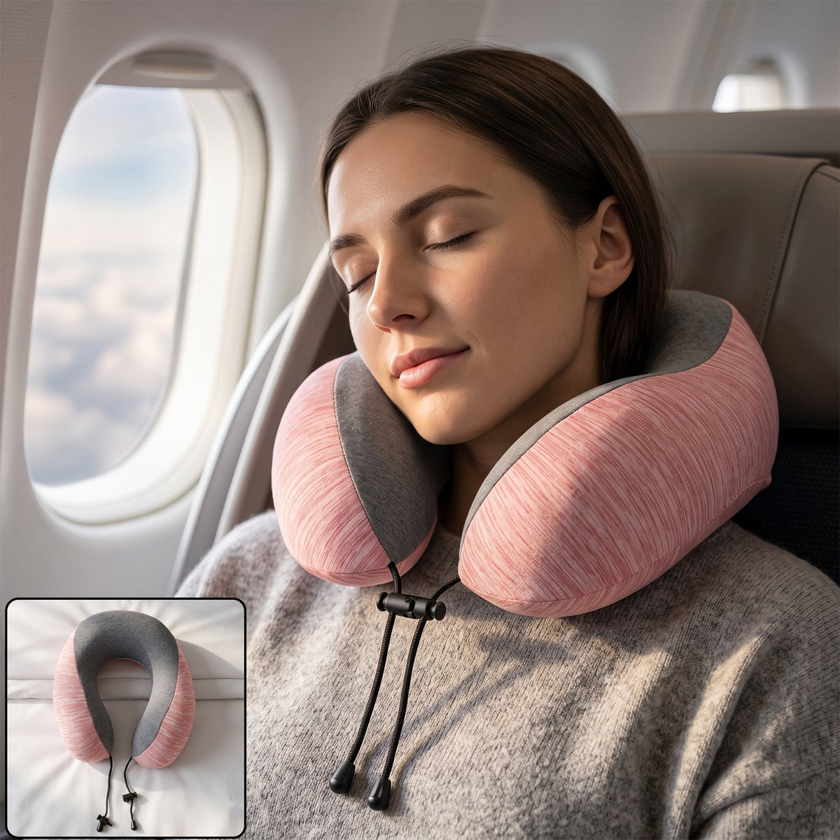 U shaped travel neck pillow, pink and grey with drawstring toggle (1 pc) Main image