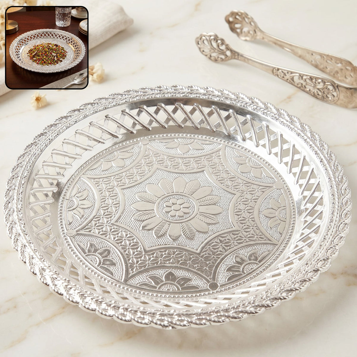 Decorative silver serving tray round floral Main image