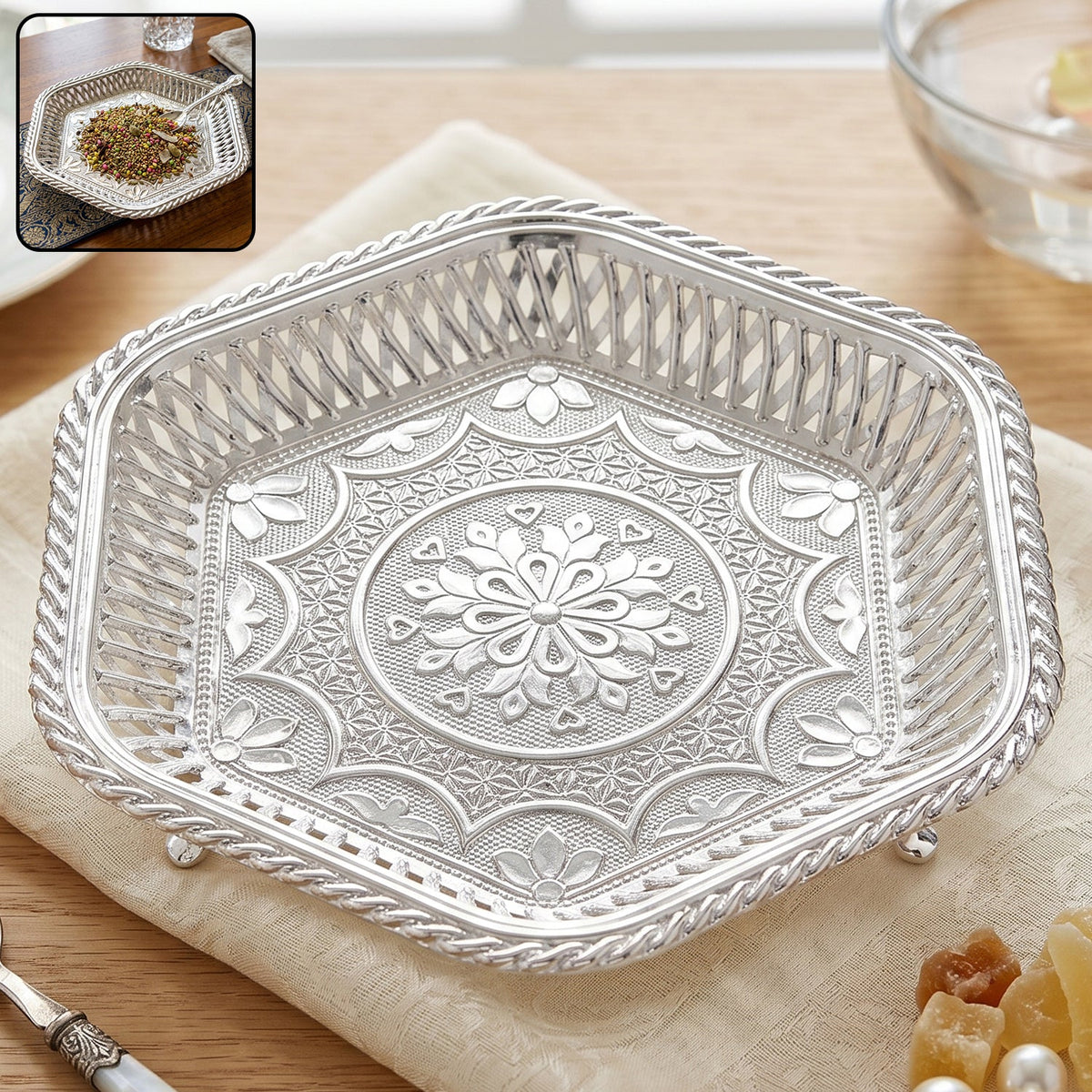Decorative silver serving tray embossed floral Main image