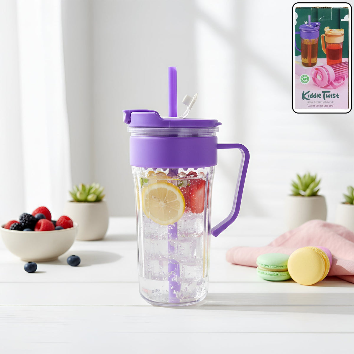 Plastic tumbler for kids with integrated straw and sturdy handle Main image