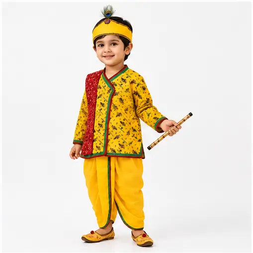 Traditional Krishna Dress for Kids with Printed Kurta, Dhoti Pants, Peacock Feather Headband & Flute, 7-9 Years, 1 Set