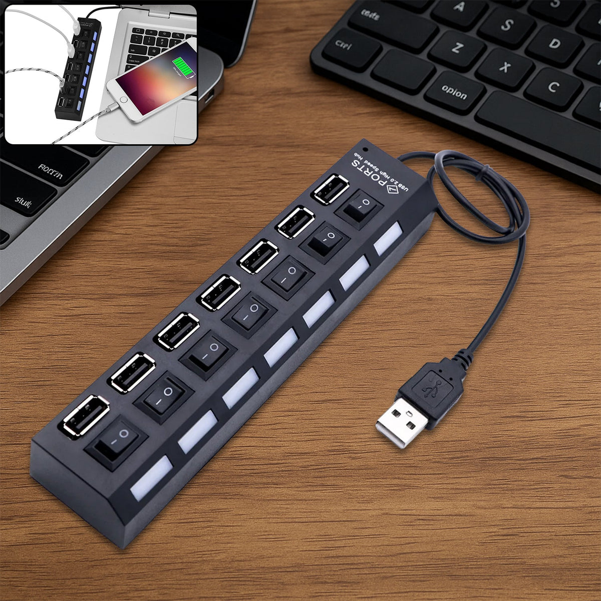 Compshop 7 Port USB Hub with individual power switches and LED indicators. Main image