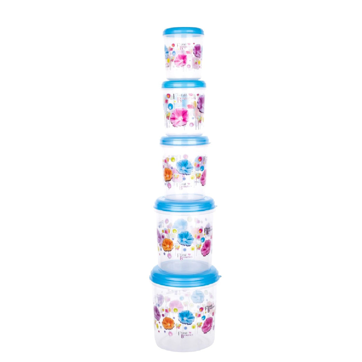 Transparent 5-piece airtight plastic container set displayed with various food items. Main image
