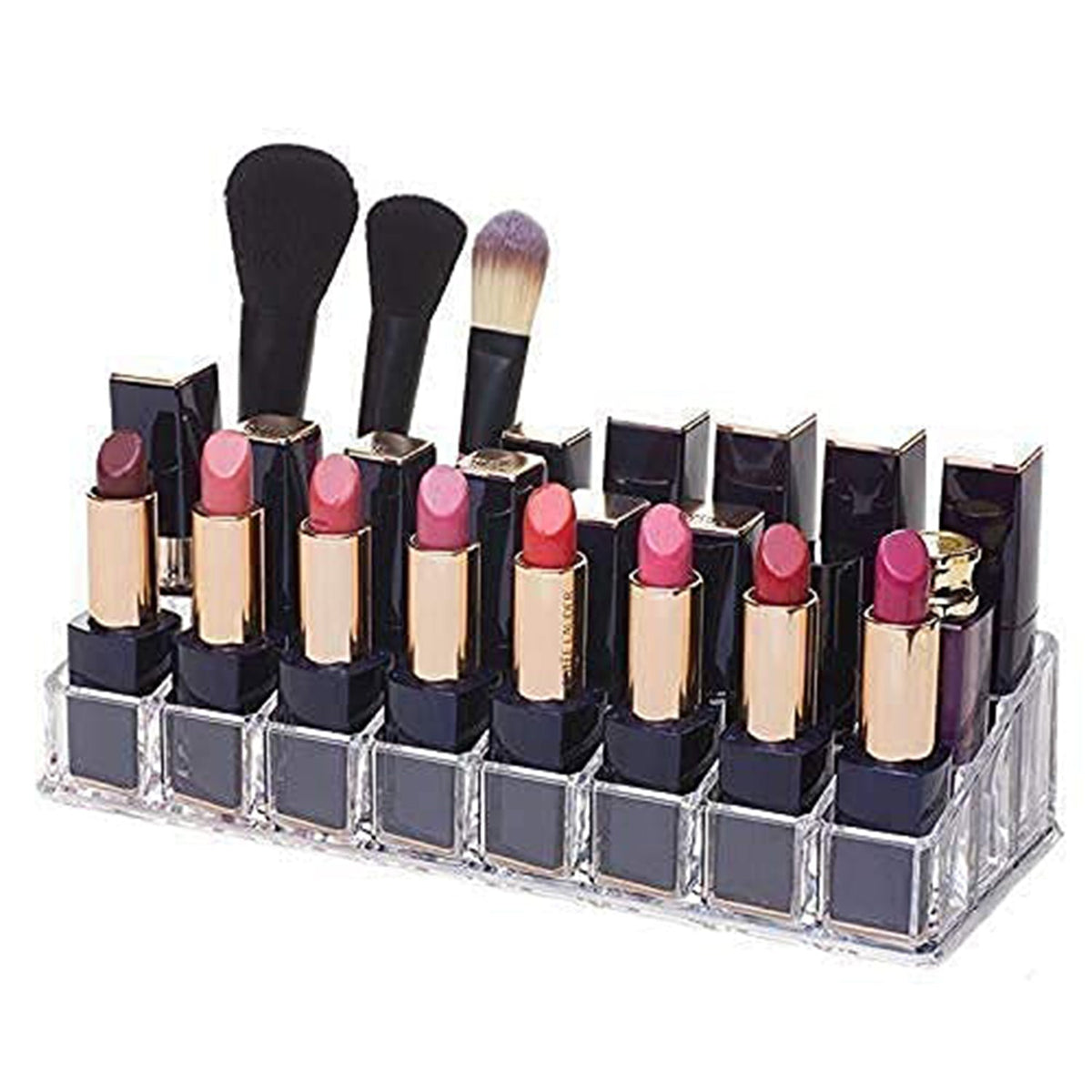 Clear acrylic lipstick holder with 24 sections, showcasing its organized cosmetic storage on a vanity. Main image