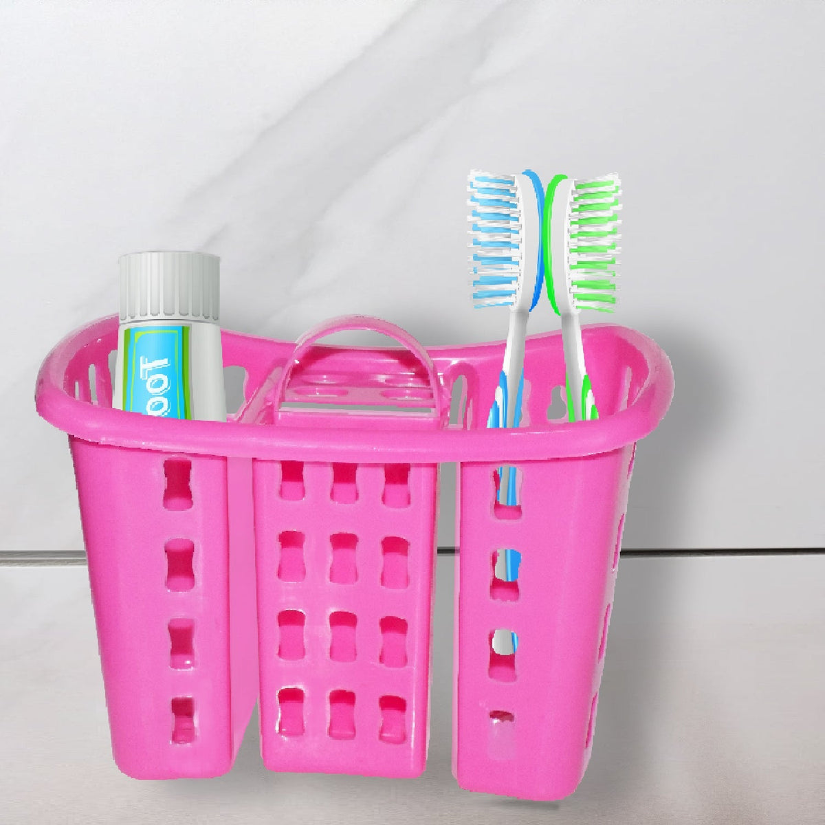 White 4-in-1 Bathroom Organizer Stand holding toothbrushes and toothpaste on a counter. Main image