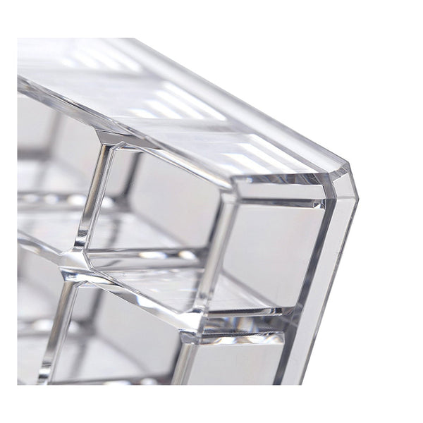 Clear acrylic display stand for cosmetics with 24 compartments, emphasizing its practical use for daily makeup.