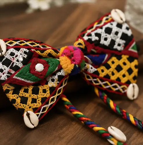 Set of 2 Navratri Hair Bow Alligator Clips – Handmade Multicolor Braided Ethnic Hair Accessories with Pom-Poms & Cowrie Shells
