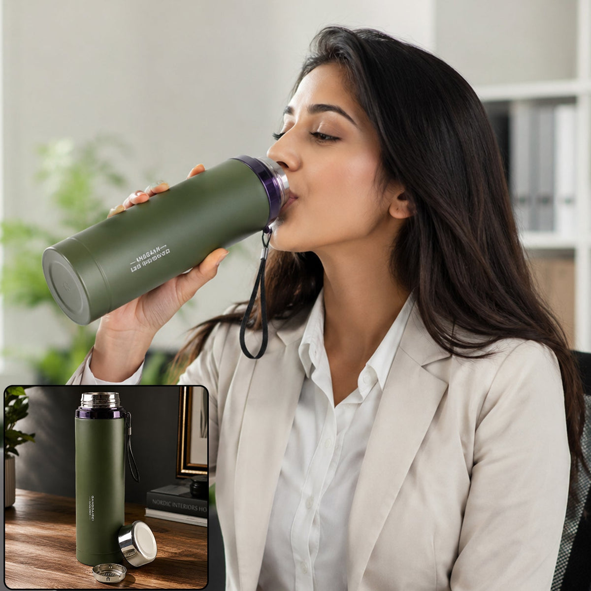 Vacuum insulated water bottle 1000ml, steel hot and cold flask with cup lid (1 pc) Main image