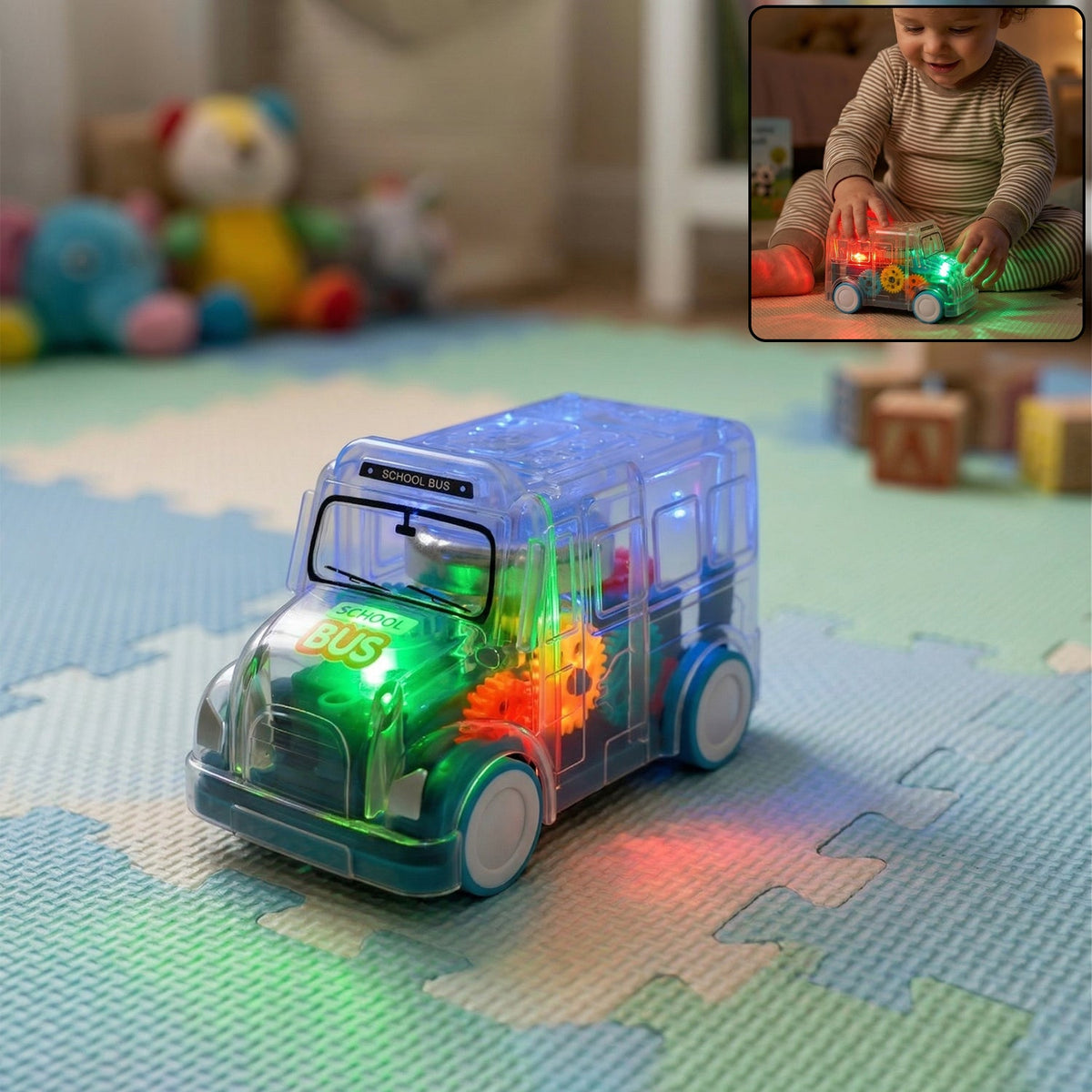 Kids transparent school bus toy with colorful LED lights Main image