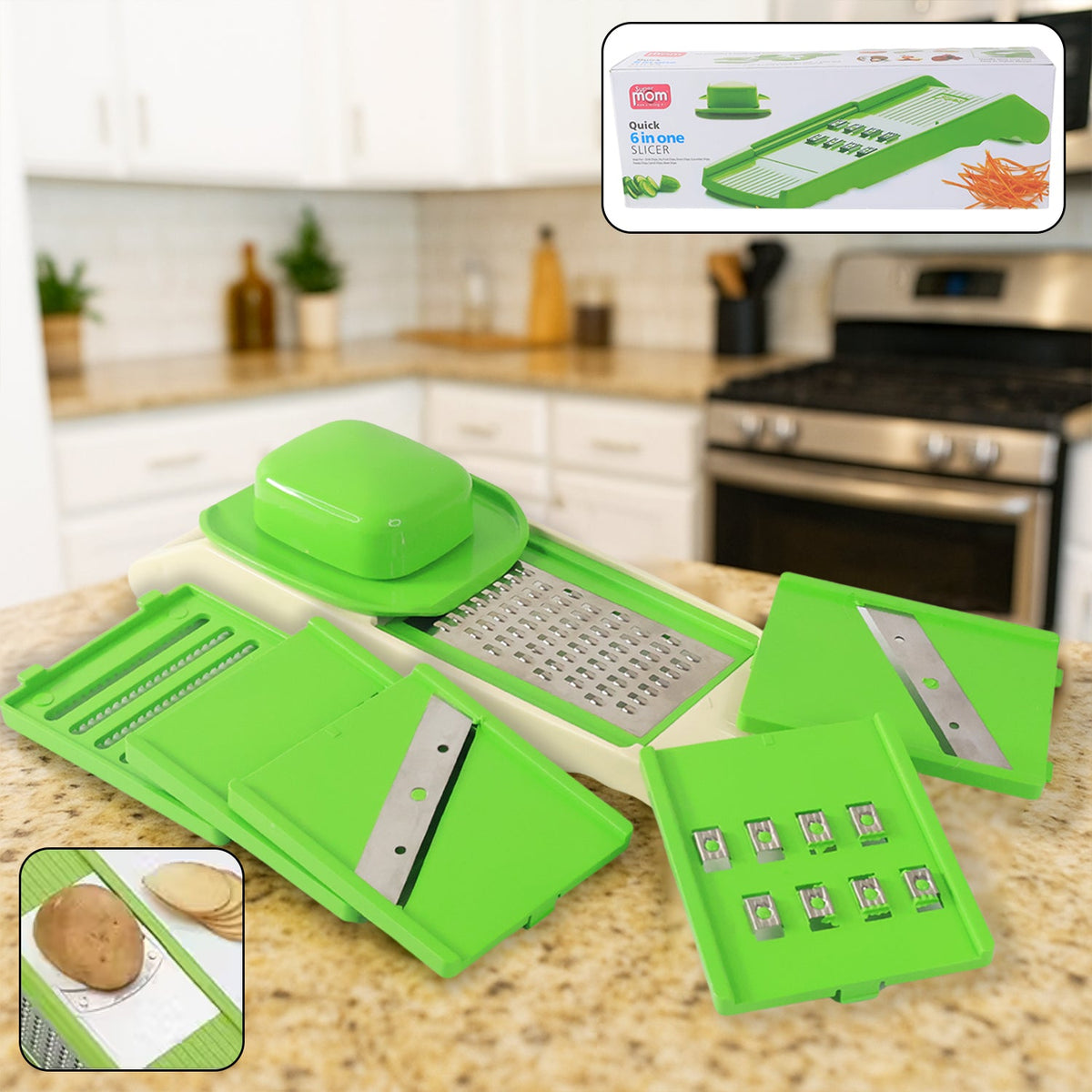 6-in-1 vegetable slicer with stainless steel blades on kitchen counter Main image