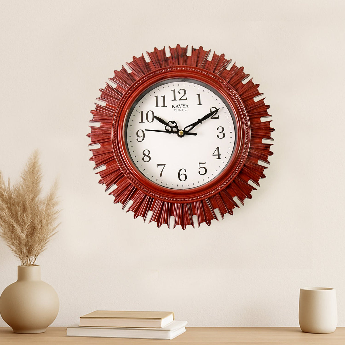 Elegant wooden look wall clock with rose gold accents and a white dial, perfect for living rooms. Main image
