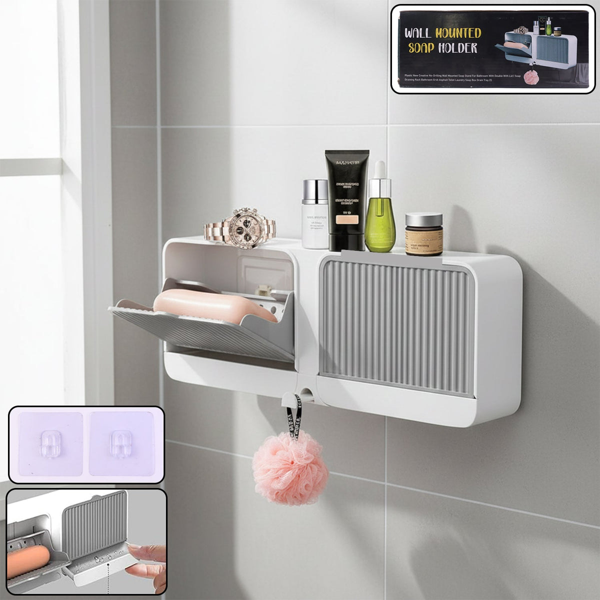 Wall mounted bathroom storage organizer with 4 compartments and soap holder Main image