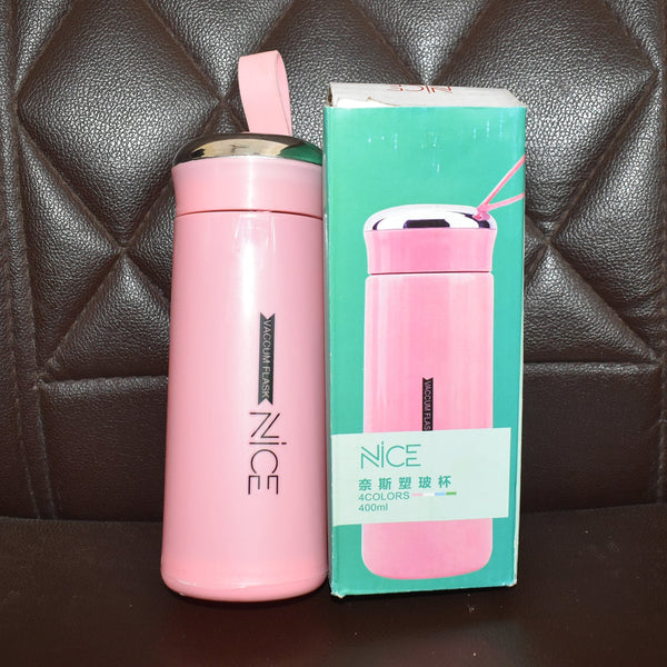 Feature showcase of pink 400ml leakproof glass water bottle