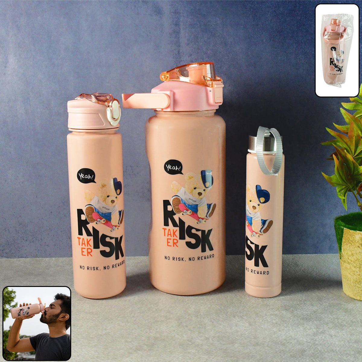 Cartoon printed water bottle set featuring 2 L jug, 900 ml sipper, and 300 ml slim bottle Main image