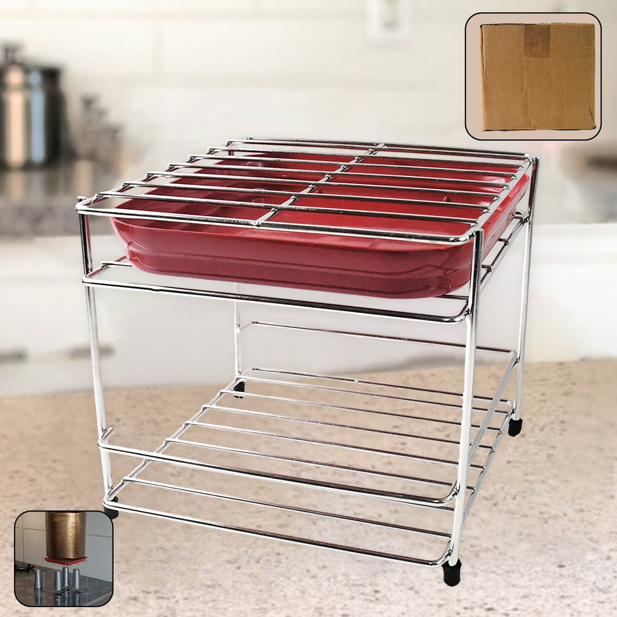 Stainless steel 2-tier kitchen utensil storage stand with polished finish Main image
