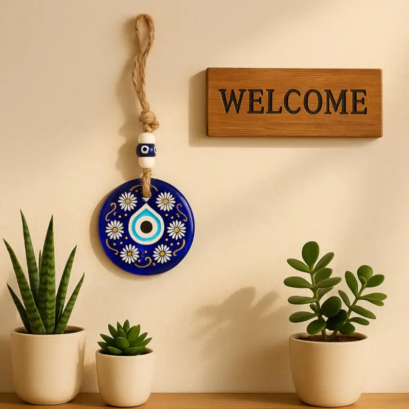 Decorative Evil Eye Wall Hanging Nazar Protector Charm with Beads Blue Glass Design for Home, Office, Car & Entrance Vastu Feng Shui Decorative Ornament