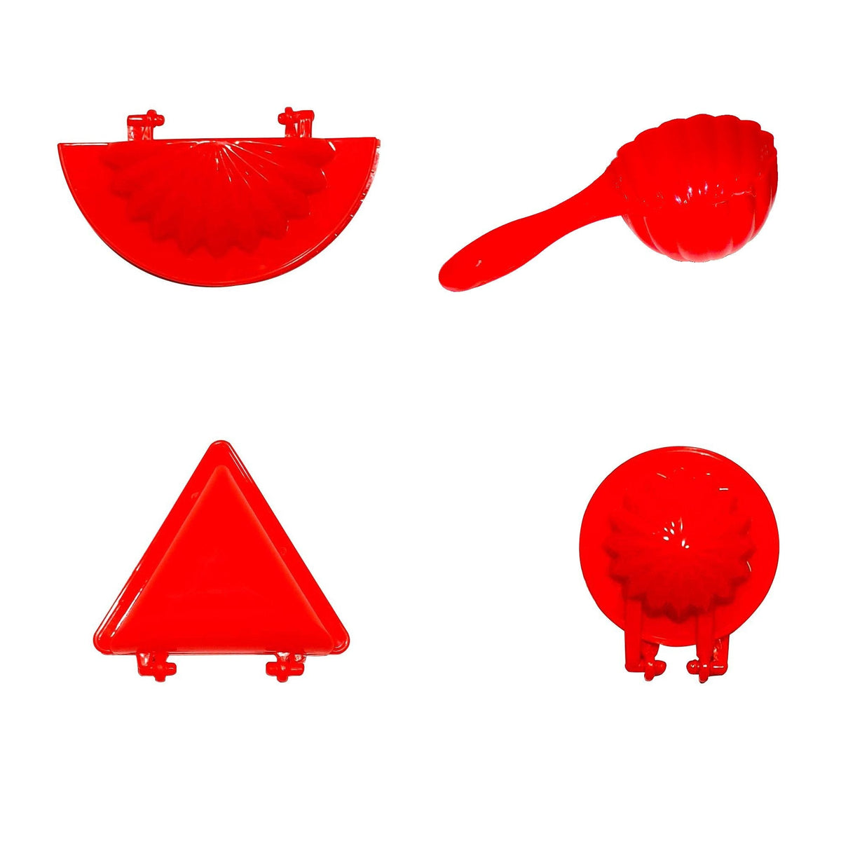 Set of 4 red plastic dough press molds for making gujiya. Main image