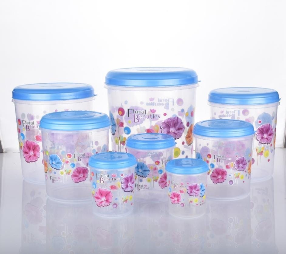 Complete 8-piece air tight plastic container set with elegant floral design. Main image