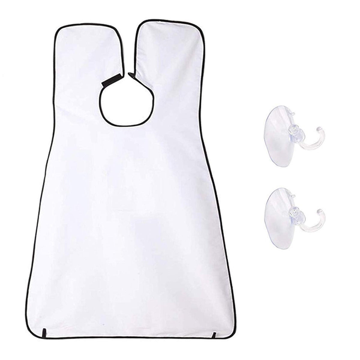 Man using a black beard apron with suction cups to catch hair clippings while shaving. Main image